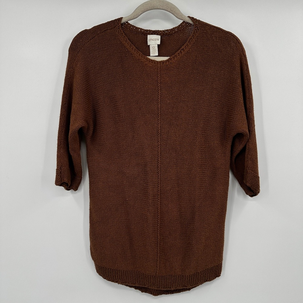 Chicos Brown Knit 3/4 Sleeve Pullover Sweater Center Seam Size 0 Small Curve Hem